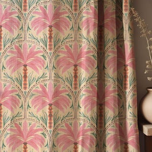 Cortina de linho rosa vintage com estampa de palmeiras: Cortina tropical boho desenhada à mão