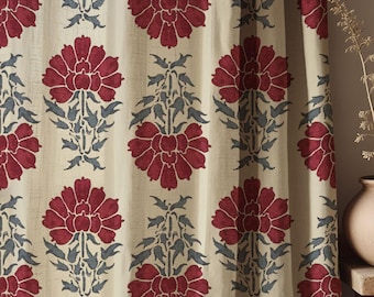 Floral Linen Curtains: Vintage Red & Blue Block Print Botanical Drapes