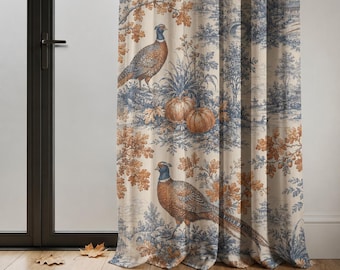 Pheasant Toile Linen Curtain, Rustic Farmhouse Botanical Window Panel, Cottage Decor