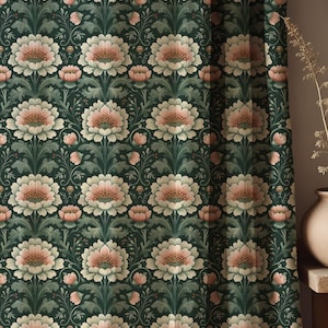 Morris Style Floral Linen Curtain: Dark Green & Blush Botanical Drapery