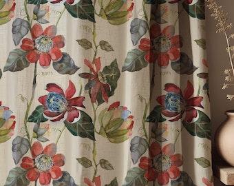 Watercolor Floral Linen Curtain, Vintage Botanical Drapes, Cottagecore Home Decor