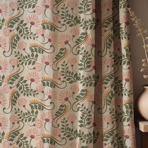Vintage Botanical Linen Curtain: Pink Floral & Green Leaf Drapery