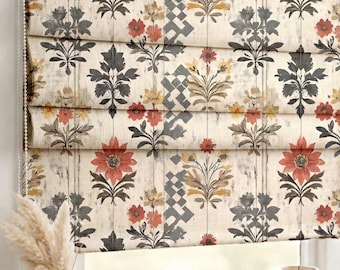 Boho Floral Linen Roman Shade : Vintage Folk Botanical Window Blind, Printed Custom Chain
