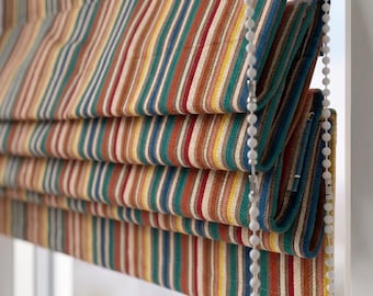 Colorful Striped Roman Shade, Textured Linen Look Blind, Custom Size Window Treatment, Modern Boho Curtain, Kitchen Cafe Shade