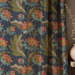 Dark Floral Linen Curtain – Vintage Botanical Drapes with Red Berry Print – Rustic Cottagecore Linen Curtain