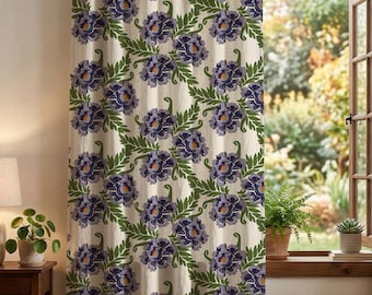Linen Floral Curtain, Purple Botanical Drapes, Vintage Window Panel, Cottagecore Drapery