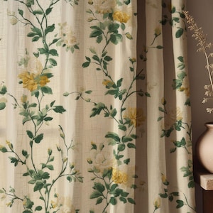 Romantic Rose Linen Curtain – Yellow and White Floral Print – Natural Linen Window Curtain