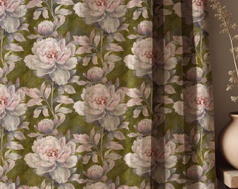 Vintage Peony Floral Linen Curtain, Romantic Botanical Drapes, Cottagecore Soft Pink Home Decor