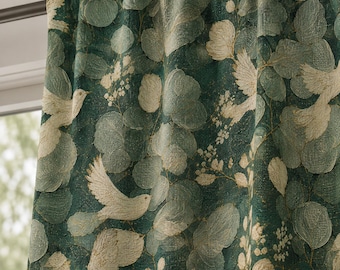 Bird Botanical Linen Curtain, Eucalyptus Leaf Window Panel, Cottage Farmhouse Drapes