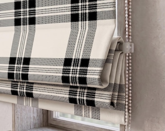 Black Cream Plaid Roman Shade, Linen-Look Farmhouse Window Blind, Custom Curtain