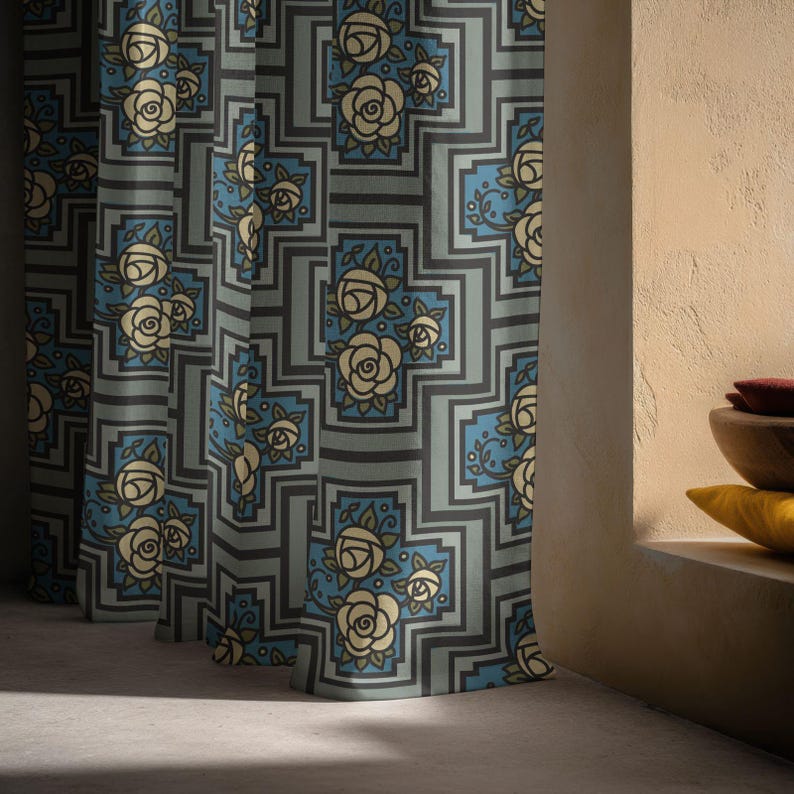 Pattern Block Curtain Geometric Floral Block Linen Curtain – Blue & Beige Art Deco Linen ...