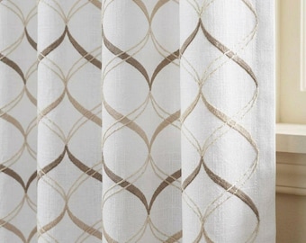 Luxury Embroidered Linen Curtain: Neutral Geometric Trellis Drapery