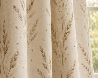 Minimalist Wheat Linen Curtain, Botanical Beige Farmhouse Window Panel, Rustic Drapes