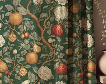 Dark Green Fruit Linen Curtains - William Morris Style Drapes - Vintage Botanical Window Treatment