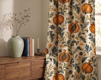 Pomegranate William Morris Style Linen Curtain, Botanical Cottagecore Farmhouse Drapes