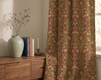 William Morris Linen Curtain, Vintage Botanical Floral Drapes, Red Green Arts Crafts Window Panel