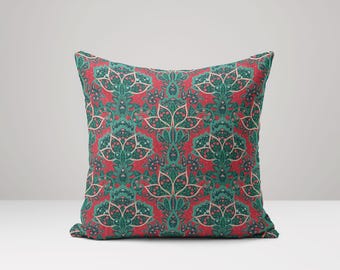 Funda de almohada con estampado floral rojo: cojín de lino y algodón indio