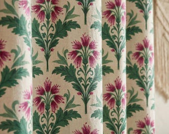Cortina de lino floral William Morris, cortinas personalizadas con motivos botánicos rosas, tratamiento de ventanas de estilo rústico vintage.