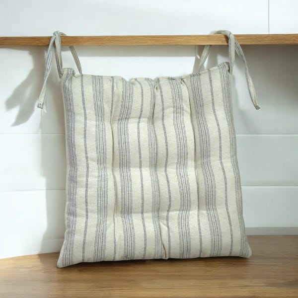 Striped Cotton Linen Chair Cushion with Ties: Farmhouse Seat Pad