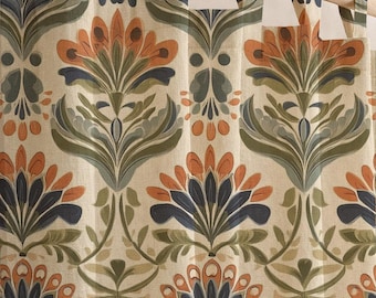 Art Nouveau Damask Linen Curtain, Teal Rust Orange Print Drapes, Stylized Floral Window Panel, Custom Size