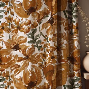Rustic Floral Linen Curtain – Hand-Painted Style Yellow and Orange Botanical Design – Natural Linen Window Curtain