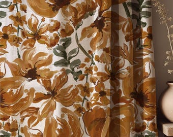 Rustic Floral Linen Curtain: Hand-Painted Style Botanical Design