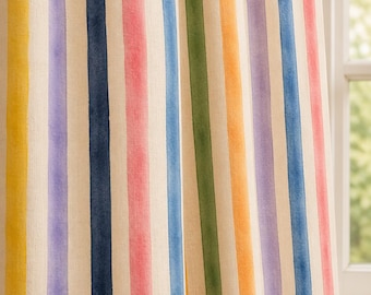 Watercolor Stripe Linen Curtain, Modern Farmhouse Rainbow Drapes