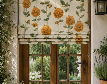 Textured Woven Floral Roman Shade, Custom Botanical Linen Blind, Dahlia Garden Window Treatment