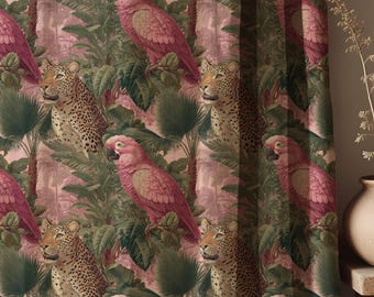 Tropical Leopard Parrot Jungle Drapes, Pink Exotic Animal Print Window Panel