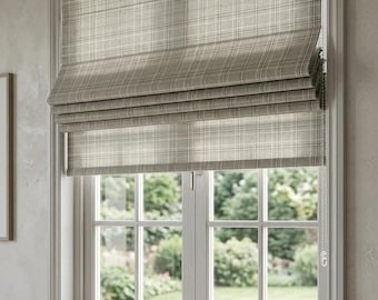 Custom Linen Plaid Roman Shade, Farmhouse Window Blind, Beige Check Treatment