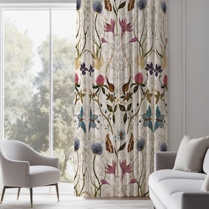 Botanical Butterfly Curtain: Vintage Floral Linen Window Panel