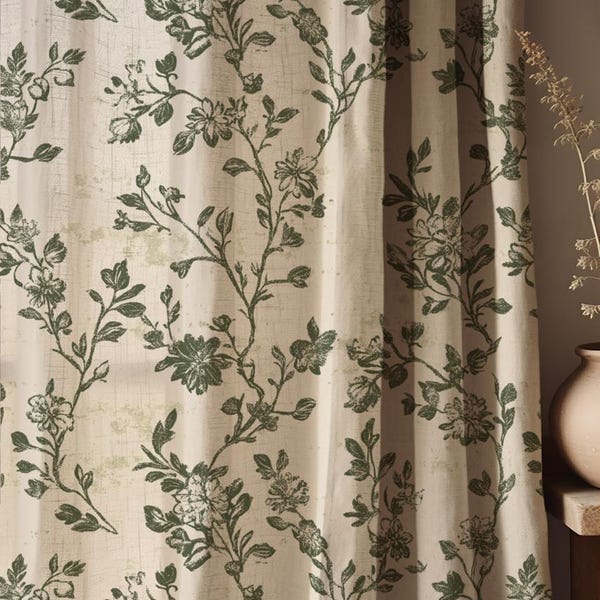 Rustic Green Botanical Linen Curtains: Toile Style,  Vintage Shabby Chic Decor