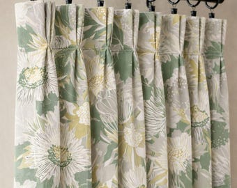 Sage Green Floral Linen Pinch Pleat Curtains, Custom-Sized, Panel or Pair