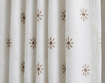 Embroidered Floral Linen Curtain Panel, Neutral Boho Window Drapes, Farmhouse Rustic Flower Curtain