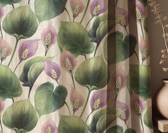 Botanical Leaf Linen Curtains, Green Pink Floral Nature Window Panel