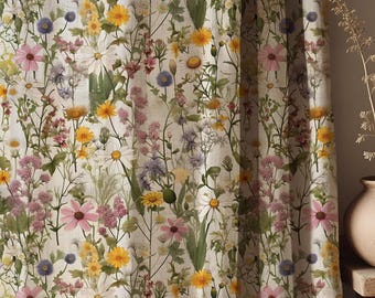 Wildflower Linen Curtain Panel, Botanical Floral Drapes, Meadow Cottagecore Window Drapery