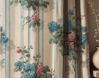 Blue Pink Floral Linen Curtain, Vintage Striped Botanical Window Panel, Custom Size