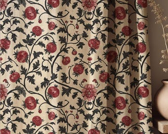 Black Pomegranate Linen Curtain: Red Fruit Botanical Drapes, William Morris Inspired Vintage Fabric