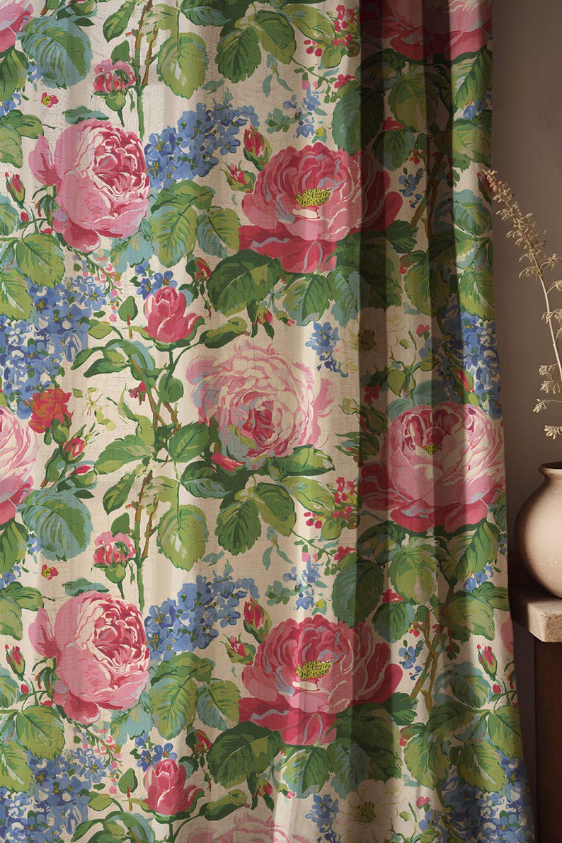 Pink Rose Linen Curtain, Cottage Garden Floral Window Panel, Custom ...