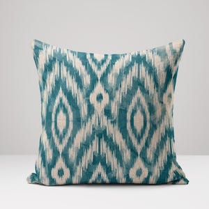 Fundas de almohada de lino Ikat verde azulado con patrón geométrico de diamantes: cojín decorativo artesanal para sofá, cama, sala de estar o decoración de oficina
