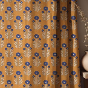 Retro Floral Linen Curtains: Mustard Yellow & Blue Botanical Print
