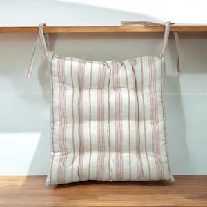 Striped Linen Chair Cushion with Ties: Farmhouse Seat Pad