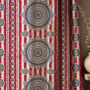Mandala Streifen Leinen Vorhang: Boho Rot & Navy Fenster Panel