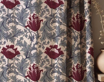 William Morris Floral Linen Curtains, Vintage Botanical Drapes, Arts and Crafts Home Decor