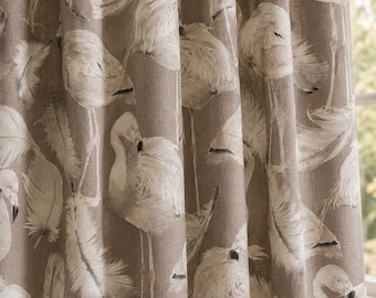 Neutral Flamingo Linen Curtain, Vintage Bird Coastal Window Panel, Nature Drapes