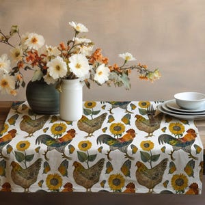 Farmhouse Rooster Velvet Table Runner – Rustic Country Dining Decor with Chickens & Sunflowers