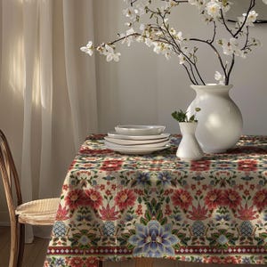 Floral Tablecloth: Gardenya Fabric, Red & Blue Flower Pattern