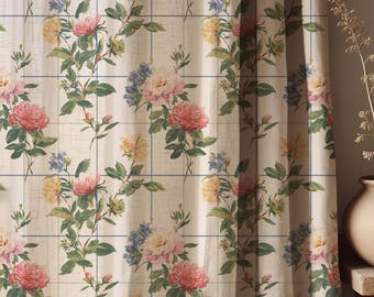 Vintage Floral Linen Curtain, Botanical Print Drapes, Cottagecore Farmhouse Decor