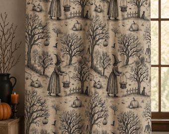 Halloween Toile Linen Curtain, Witchy Spooky Cottage Decor, Gothic Farmhouse Window Panel