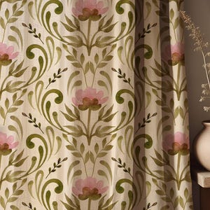 Art Nouveau Floral Curtain: Pink & Green Botanical Linen Drapery